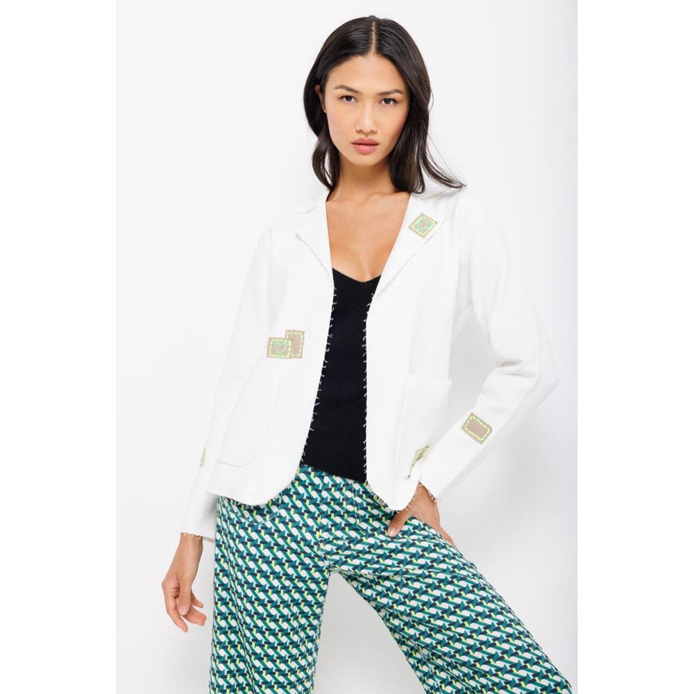 Lisa Todd White Cropped Blazer with Subtle Green Embroidery